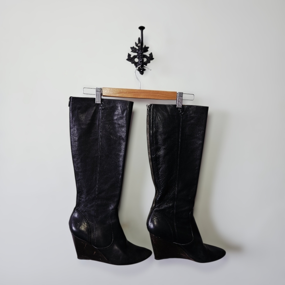 Frye Regina Wedge Knee High Boots Size 10 Black Leather Tall
